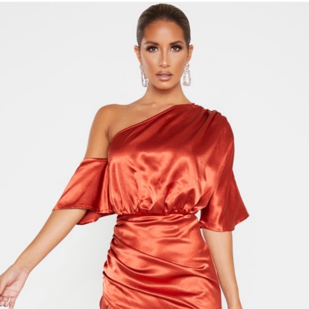 Rust Satin One Shoulder Ruched Skirt Midi Dress